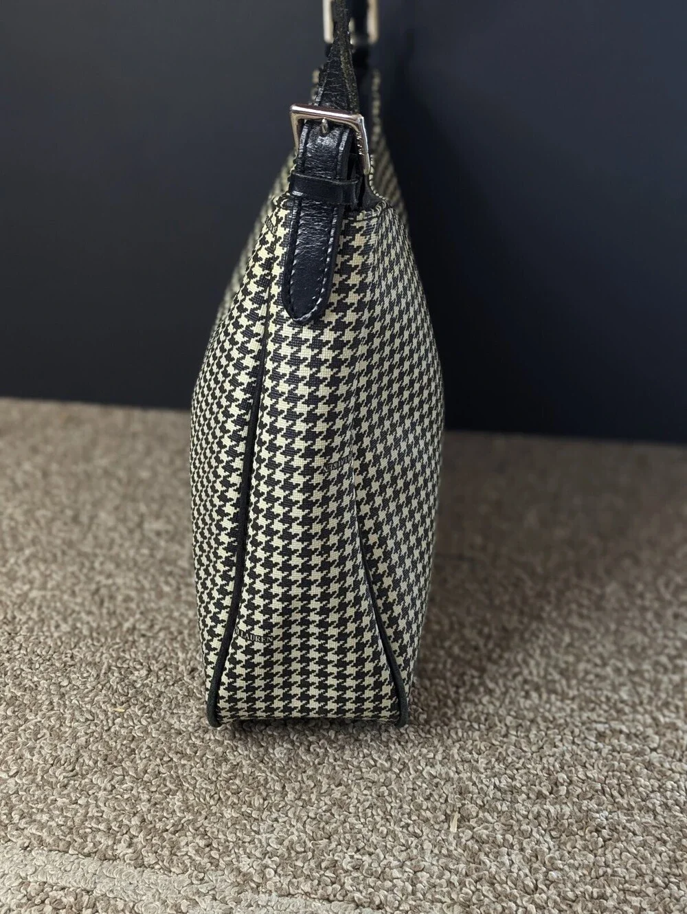 Ralph Lauren Y2K Houndstooth Shoulder Bag Black Cream Leather Trim